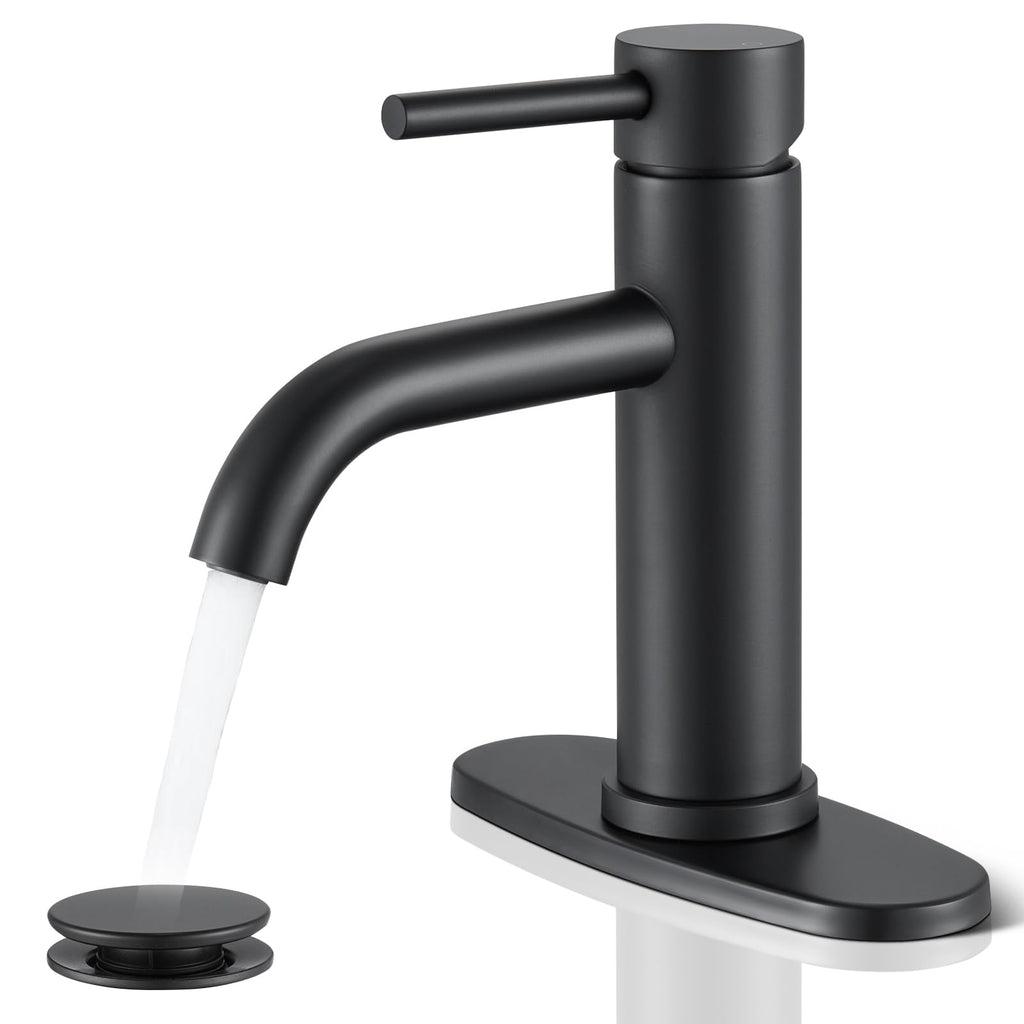 Black Bathroom Faucet, WINKEAR Single Hole Bathroom Faucet with Pop-up Drain and Flexible Hoses, Single Handle Faucet for Bathroom Sink, Vanity, RV, Modern Farmhouse, Suitable for 1 Hole or 3 Hole
