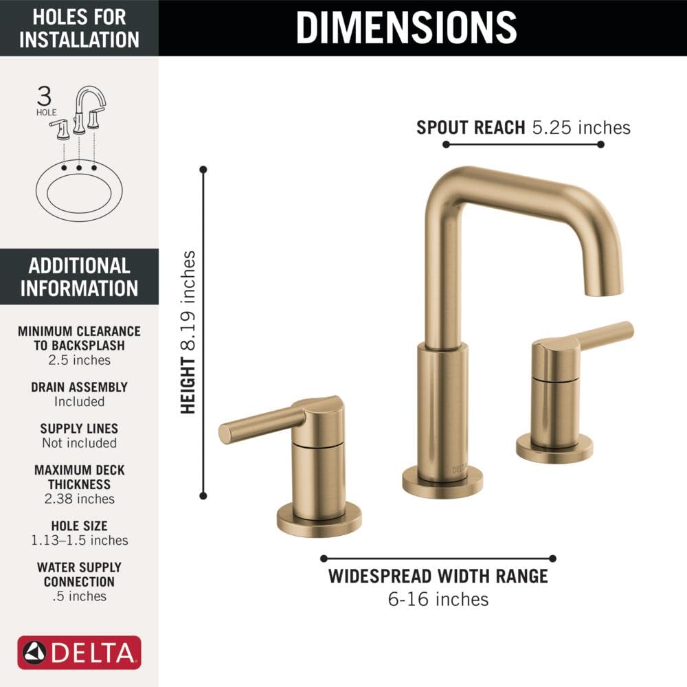 Delta Nicoli Brushed Gold Faucet 3 Hole, 8 Inch Widespread Bathroom Sink Faucet for Vanity, Push-Pop Drain Assembly, Champagne Bronze 35849LF-CZ