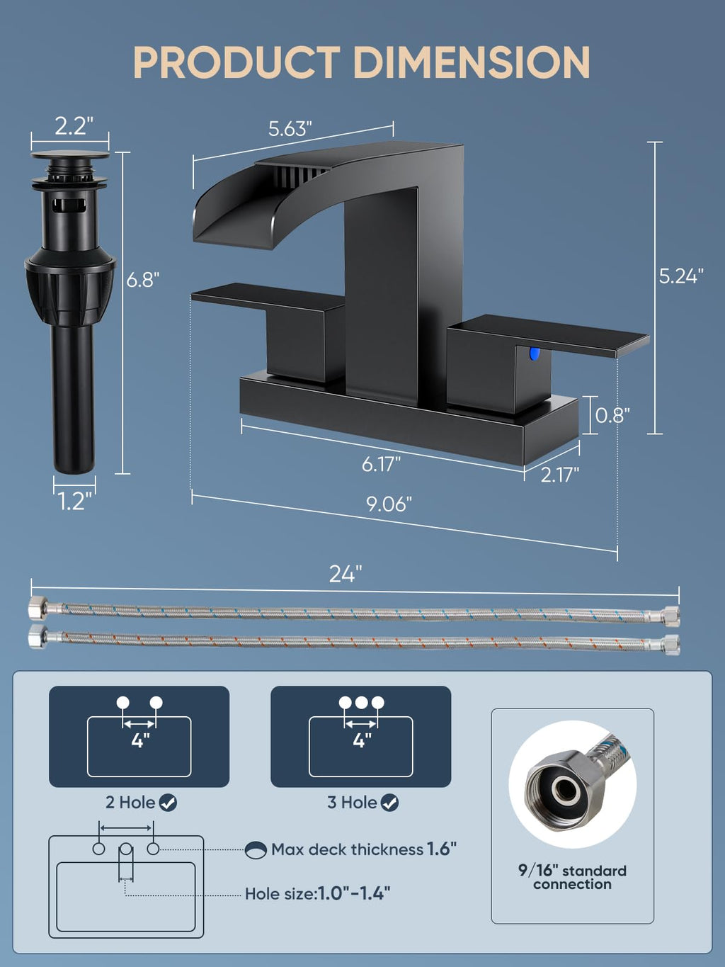 Cobbe Waterfall Bathroom Faucets 3 Hole, Matte Black Bathroom Sink Faucet Square 4 Inch Centerset with Pop-Up Drain, 2 Handle and 2 Supply Hoses, Lead-Free Stainless Steel for Vanity Sink Rv