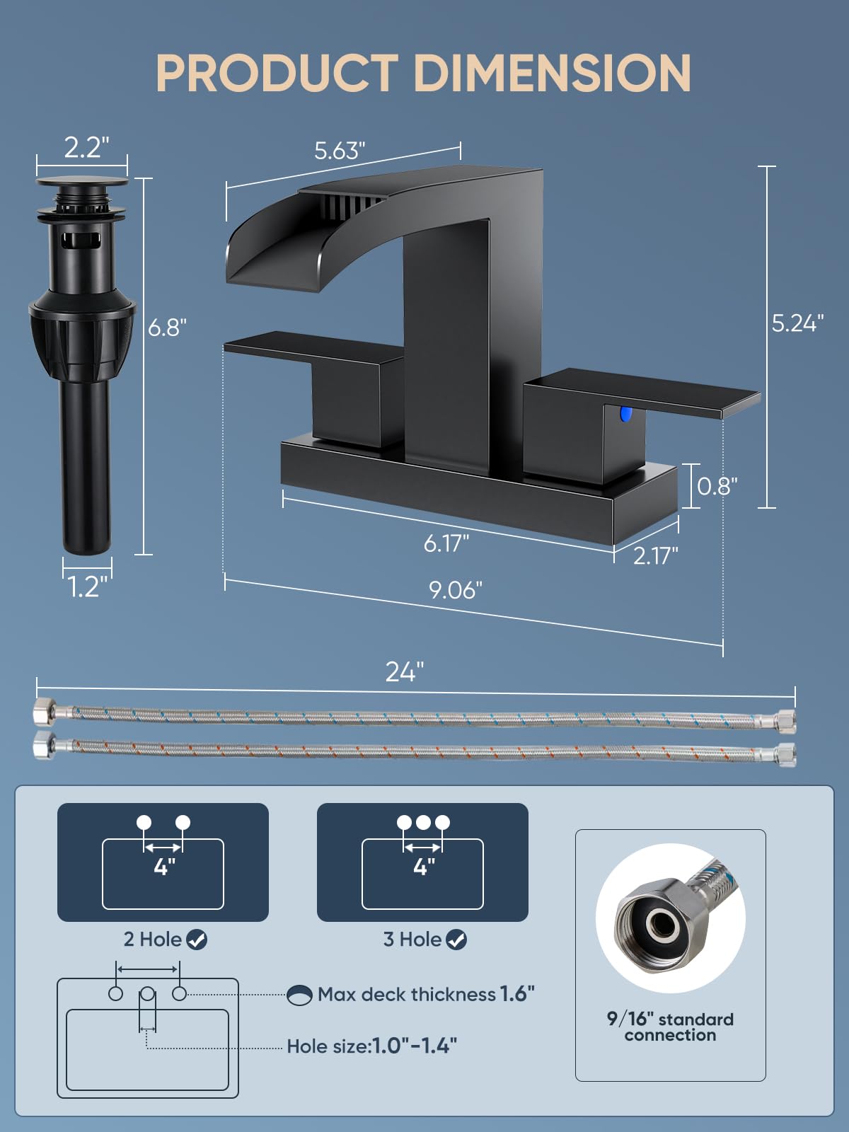 Cobbe Waterfall Bathroom Faucets 3 Hole, Matte Black Bathroom Sink Faucet Square 4 Inch Centerset with Pop-Up Drain, 2 Handle and 2 Supply Hoses, Lead-Free Stainless Steel for Vanity Sink Rv