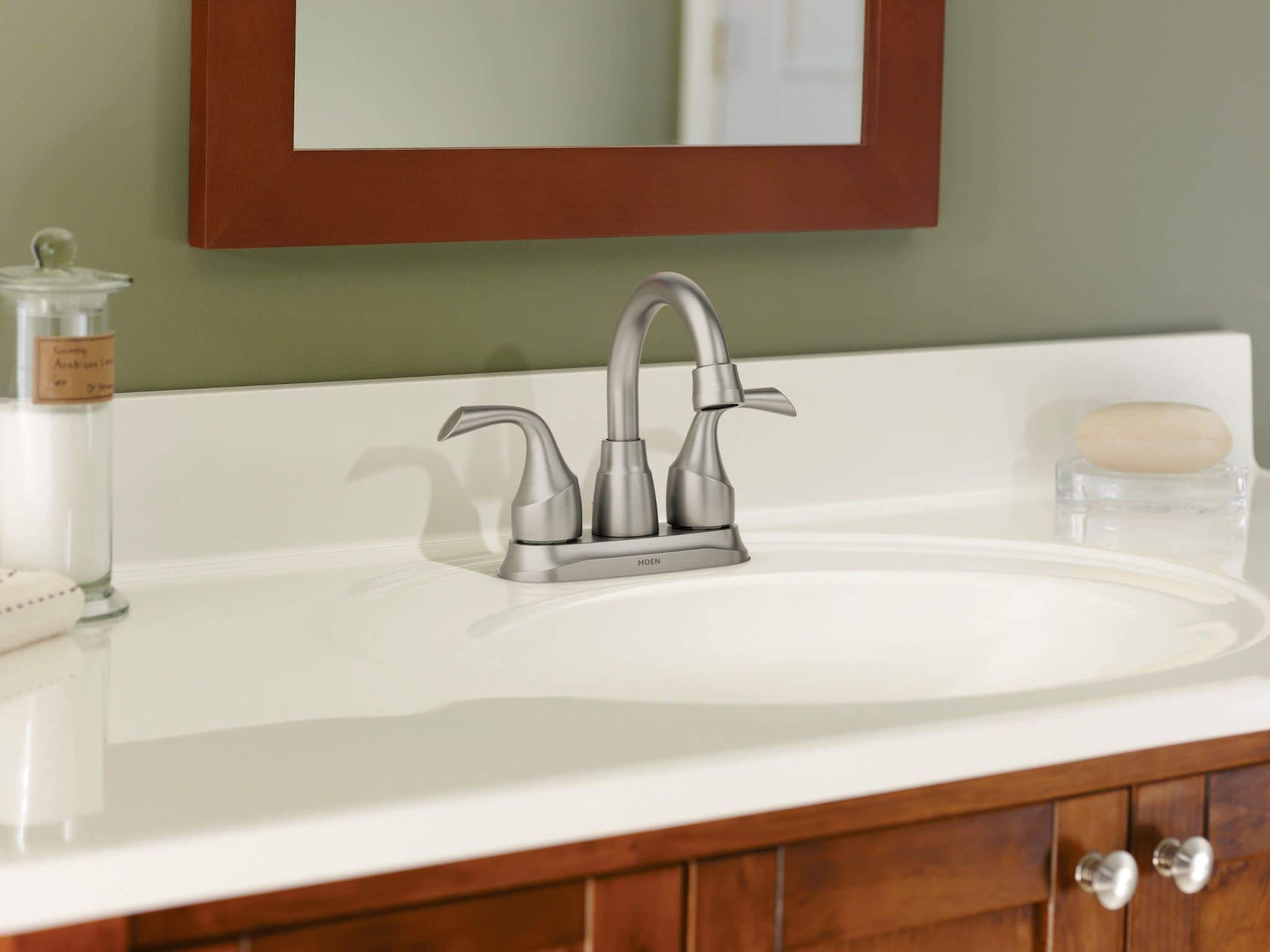 Moen Idora Spot Resist Brushed Nickel Two-Handle Centerset Bathroom Sink Faucet with Drain Assembly, 84115SRN