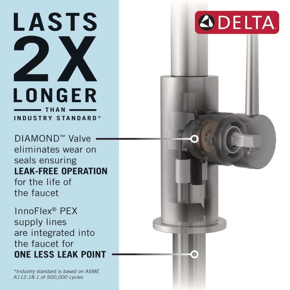 Delta Daneri Brushed Nickel Kitchen Faucet with Pull-Out Sprayer, Modern Single Hole Kitchen Sink Faucet, Single Handle, Stainless 16879-SS-DST