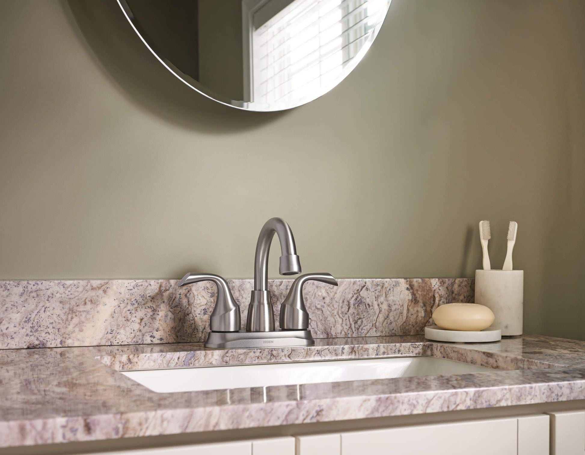 Moen Idora Spot Resist Brushed Nickel Two-Handle Centerset Bathroom Sink Faucet with Drain Assembly, 84115SRN