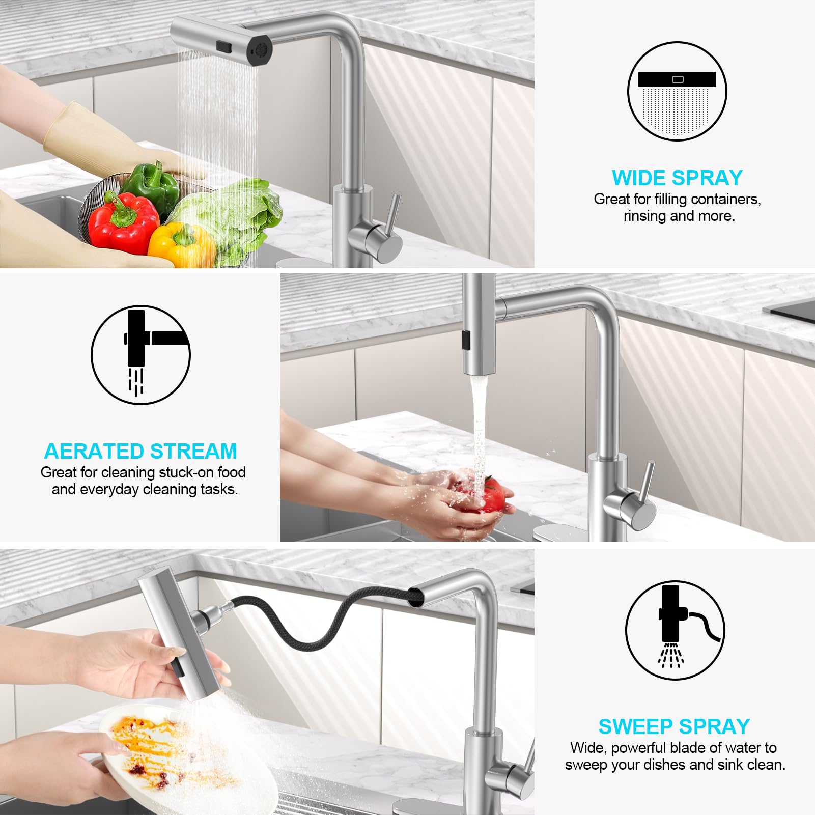 AVSIILE Brushed Nickel Single Hole Kitchen Faucets with Pull Down Sprayer, Single Handle, High Flow Water, Pull Out Tap, Waterfall Stainless Steel Sink Faucet for Farmhouse Camper Laundry Rv Bar