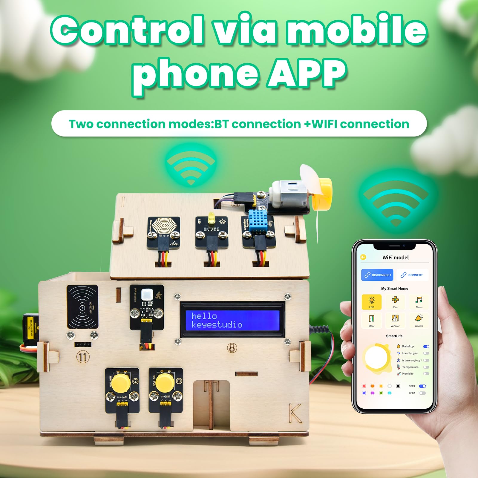 KEYESTUDIO ESP32 Smart Home Starter Kit for Arduino and Python,Electronics Home Automation Coding Kit, Wooden House DIY Sensor Kit STEM Educational Set for Adults Teens 15+
