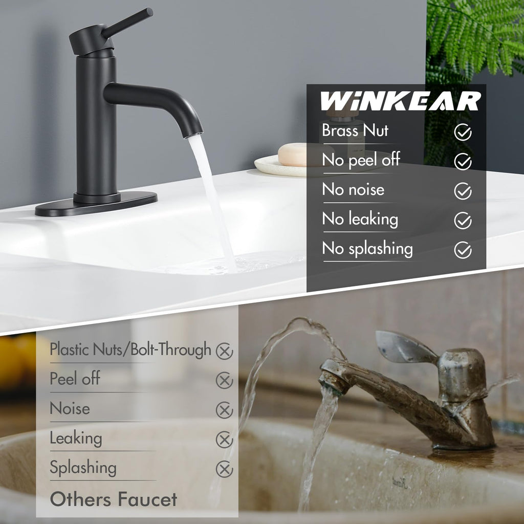 Black Bathroom Faucet, WINKEAR Single Hole Bathroom Faucet with Pop-up Drain and Flexible Hoses, Single Handle Faucet for Bathroom Sink, Vanity, RV, Modern Farmhouse, Suitable for 1 Hole or 3 Hole