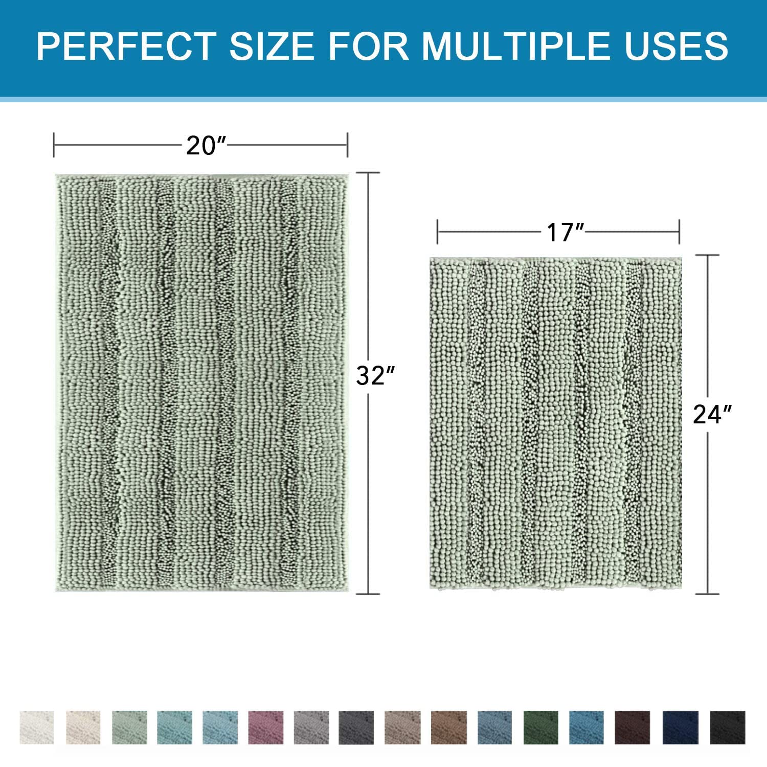 H.VERSAILTEX Sage Bathroom Rugs, Bath Mat Set of 2 Extra Thick Chenille Striped Pattern Shaggy Bath Rugs for Bath Room, Non Skid Bath Mats for Bathroom Floor (32 x 20 Plus 24 x 17 - Inches)