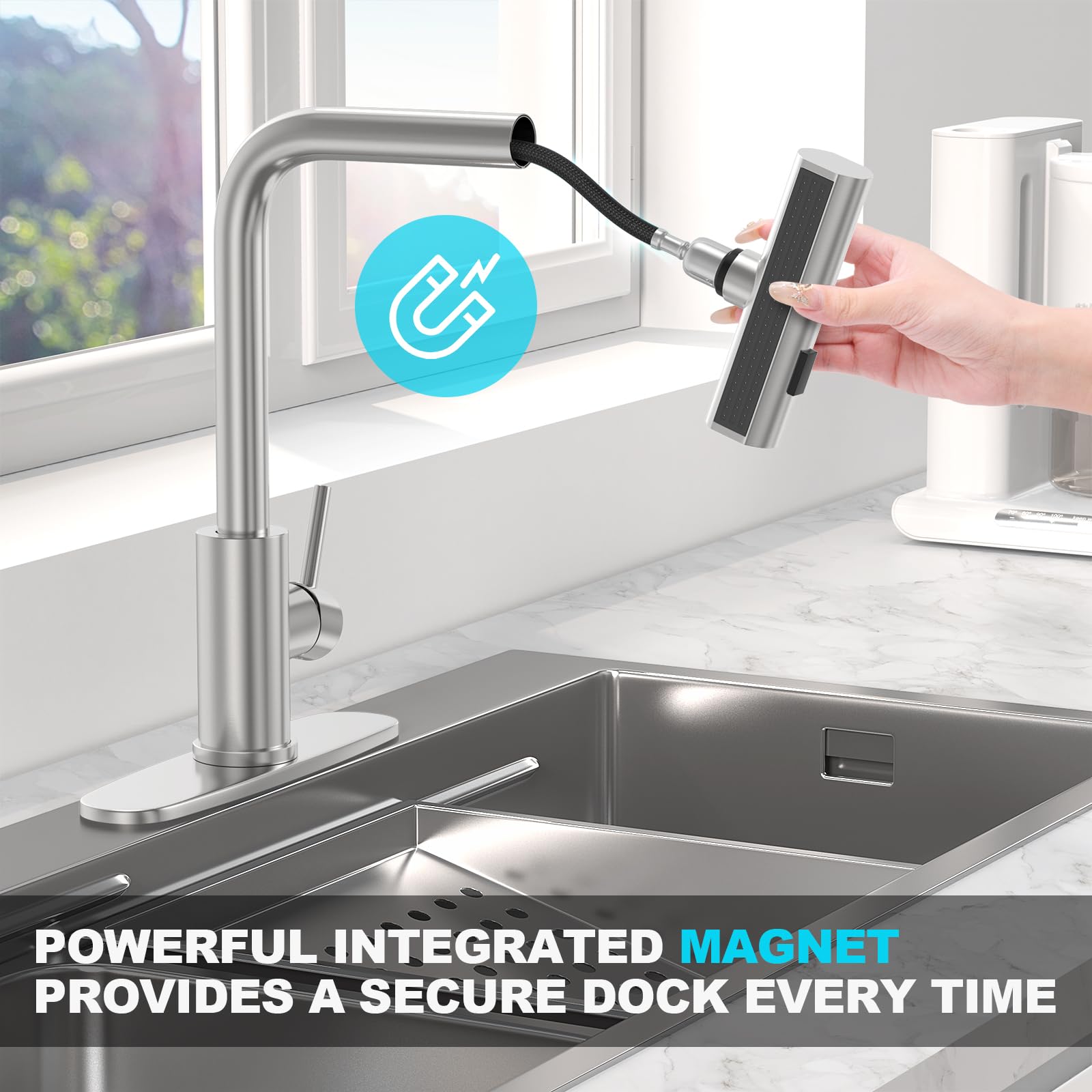 AVSIILE Brushed Nickel Single Hole Kitchen Faucets with Pull Down Sprayer, Single Handle, High Flow Water, Pull Out Tap, Waterfall Stainless Steel Sink Faucet for Farmhouse Camper Laundry Rv Bar