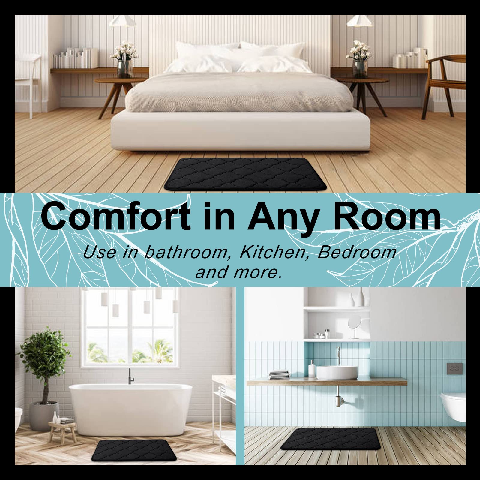 OLANLY Memory Foam Bath Mat Rug 24x16, Ultra Soft and Absorbent Bathroom Rugs, Non-Slip, Comfortable, Machine Washable Bath Carpet for Bathroom Floor, Tub, Shower and Home Decor Accessories, Black