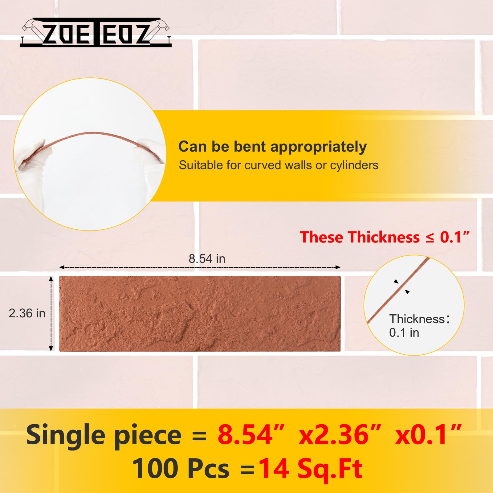 Zoeteoz 17 Pcs Faux Thin Brick Tiles Veneers, 2.38 Sq.ft, Realistic Brick Texture and Lightweight, Indoor Outdoor Decorative, Brick Veneer for Interior Walls, Facade, Garage, Chimney (Orange Red)