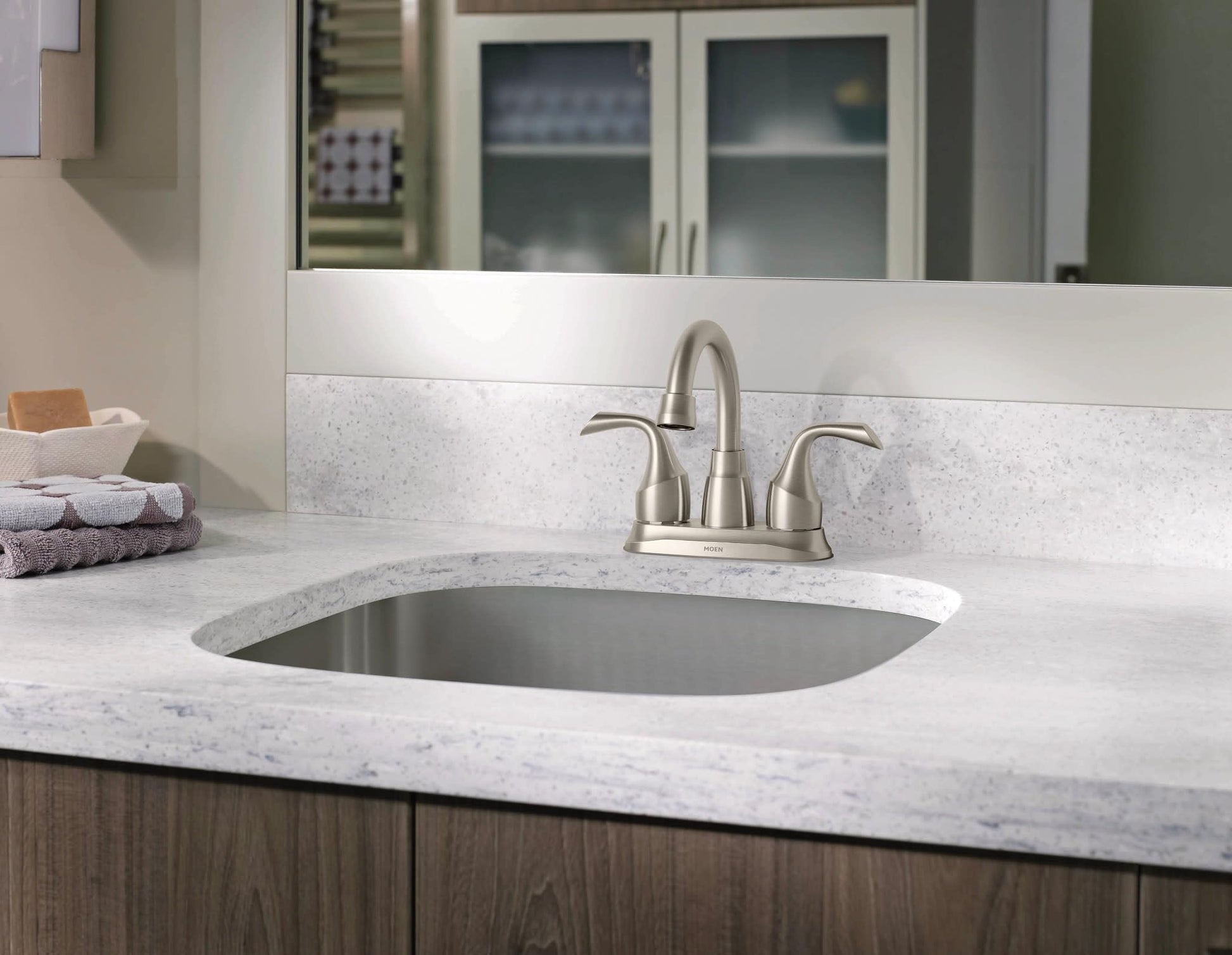 Moen Idora Spot Resist Brushed Nickel Two-Handle Centerset Bathroom Sink Faucet with Drain Assembly, 84115SRN