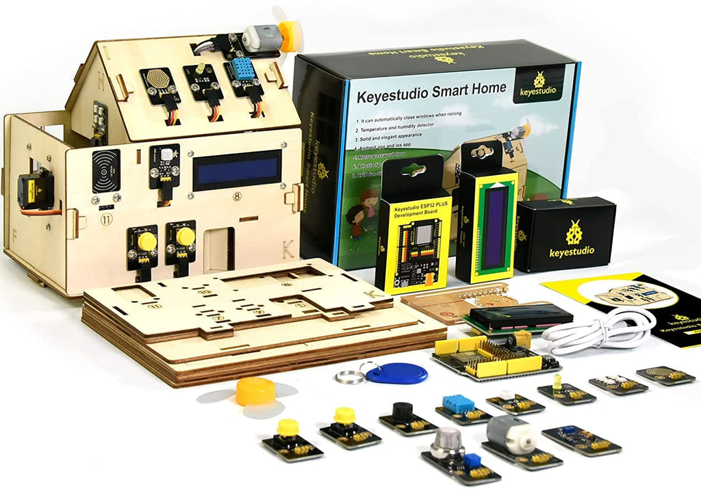 KEYESTUDIO ESP32 Smart Home Starter Kit for Arduino and Python,Electronics Home Automation Coding Kit, Wooden House DIY Sensor Kit STEM Educational Set for Adults Teens 15+