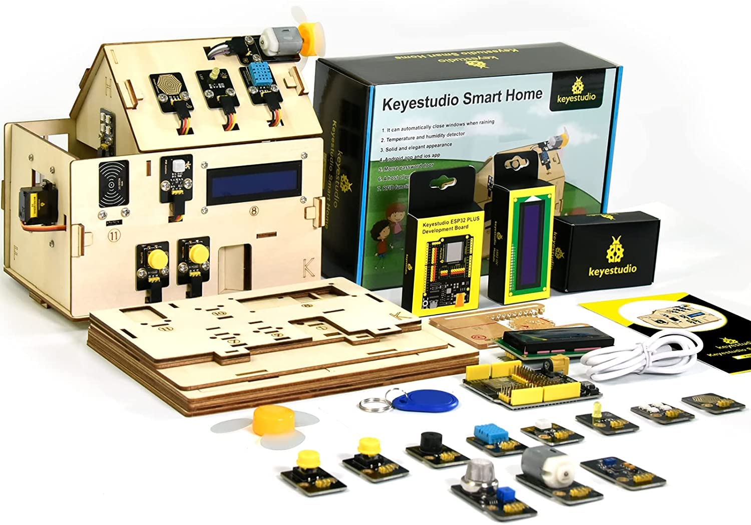 KEYESTUDIO ESP32 Smart Home Starter Kit for Arduino and Python,Electronics Home Automation Coding Kit, Wooden House DIY Sensor Kit STEM Educational Set for Adults Teens 15+