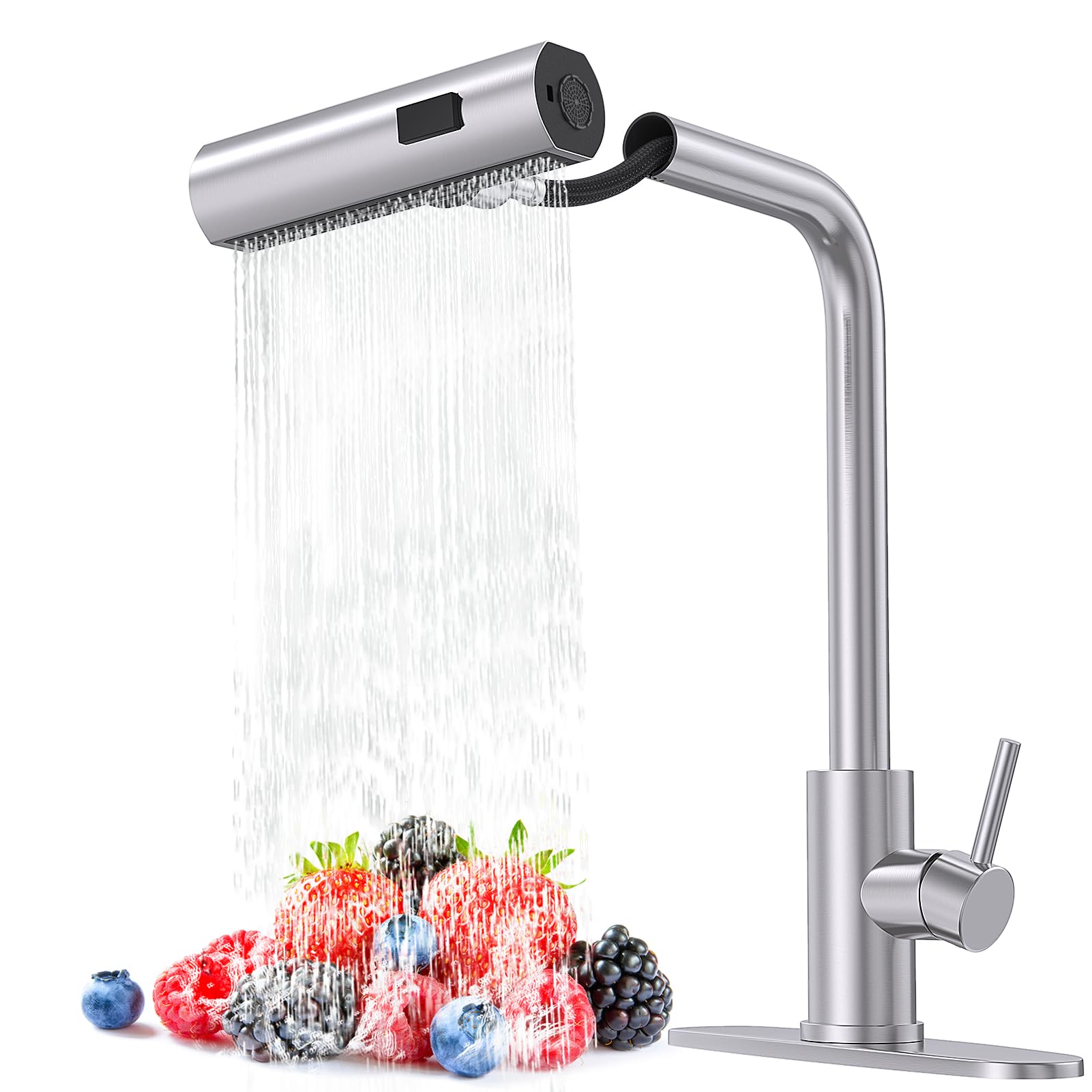 AVSIILE Brushed Nickel Single Hole Kitchen Faucets with Pull Down Sprayer, Single Handle, High Flow Water, Pull Out Tap, Waterfall Stainless Steel Sink Faucet for Farmhouse Camper Laundry Rv Bar
