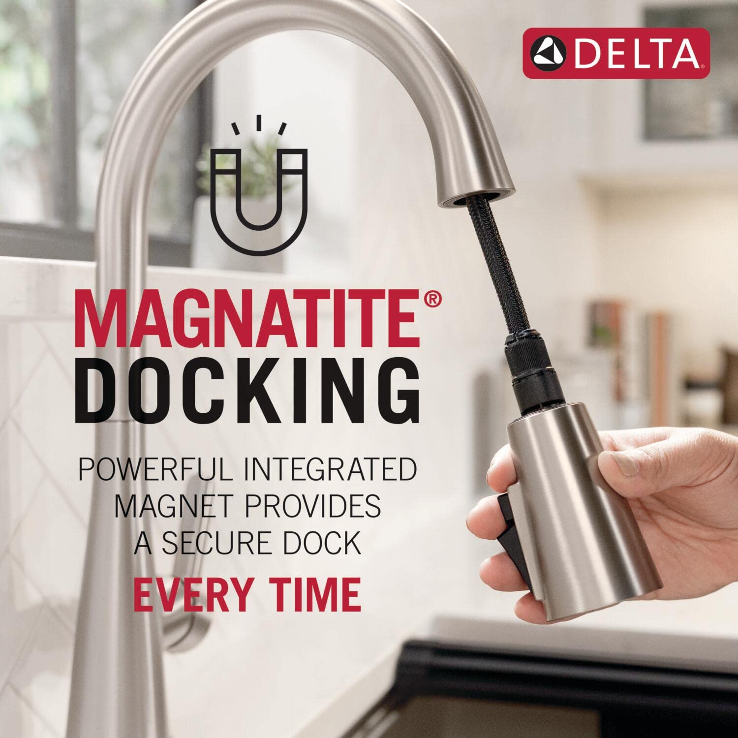 Delta Daneri Brushed Nickel Kitchen Faucet with Pull-Out Sprayer, Modern Single Hole Kitchen Sink Faucet, Single Handle, Stainless 16879-SS-DST