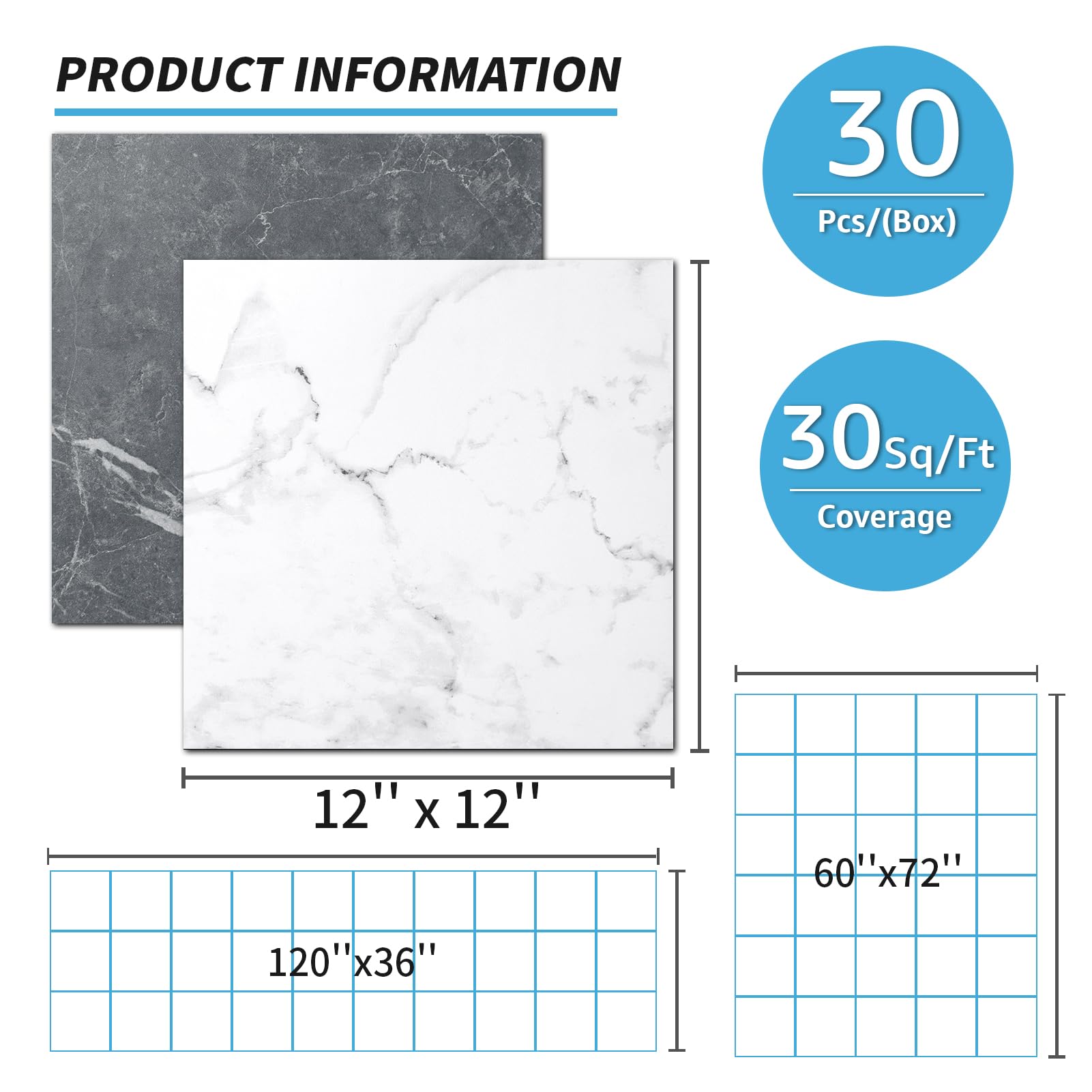 Art3d Peel and Stick Vinyl Floor Tiles 30-Pack 12 x 12 inch, Self Adhesive Waterproof Flooring Planks for Kitchen, Dining Room, Bedrooms, Cover 30 Sq. Ft, Black & White Marble (15 Tiles per Color)