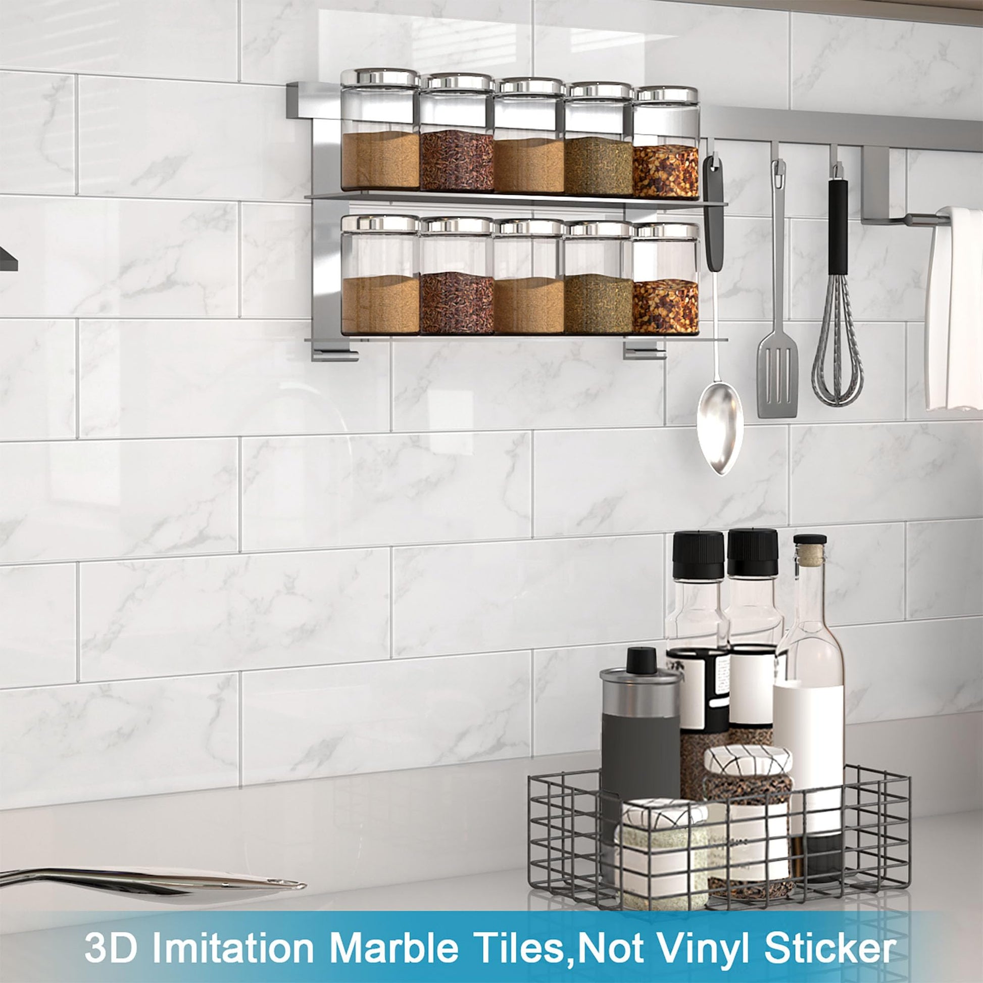 BeNice Peel and Stick Backsplash for Kitchen Tile,Peel and Stick Tiles for Walls Tile Stickers Waterproof Marble Tile Backsplash 3.85"x11.73"(16Tiles) Carrara White