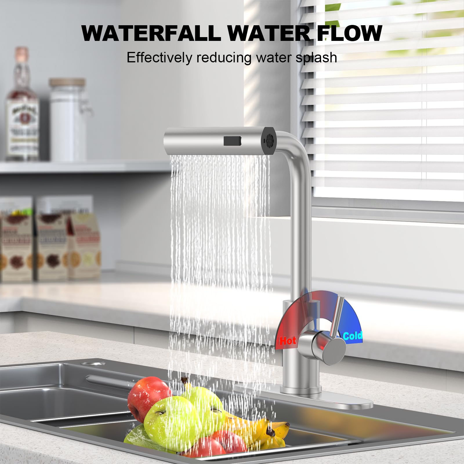 AVSIILE Brushed Nickel Single Hole Kitchen Faucets with Pull Down Sprayer, Single Handle, High Flow Water, Pull Out Tap, Waterfall Stainless Steel Sink Faucet for Farmhouse Camper Laundry Rv Bar