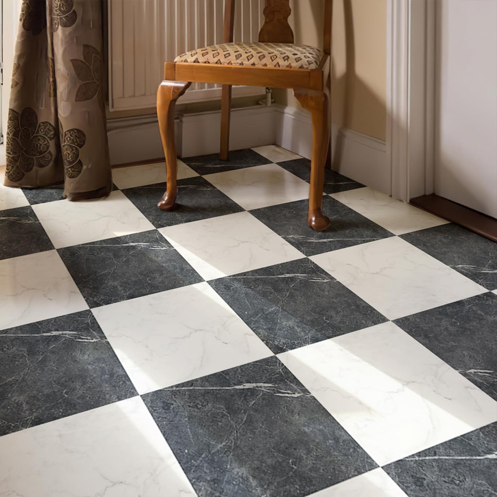Art3d Peel and Stick Vinyl Floor Tiles 30-Pack 12 x 12 inch, Self Adhesive Waterproof Flooring Planks for Kitchen, Dining Room, Bedrooms, Cover 30 Sq. Ft, Black & White Marble (15 Tiles per Color)
