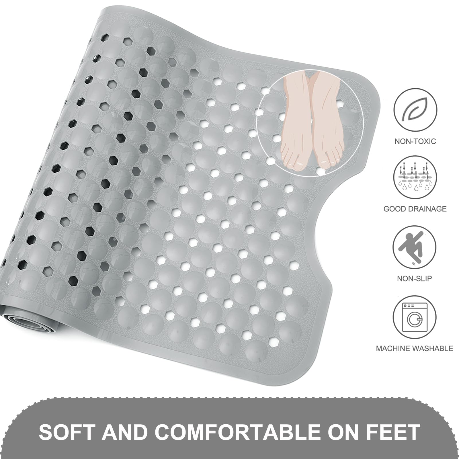 TEESHLY Bath Tub and Shower Mats, Non Slip 40 x 16 Inch Extra Large Bathtub Mat, Machine Washable Bathmat with Drain Holes, Suction Cups for Bathroom Floor, Gray