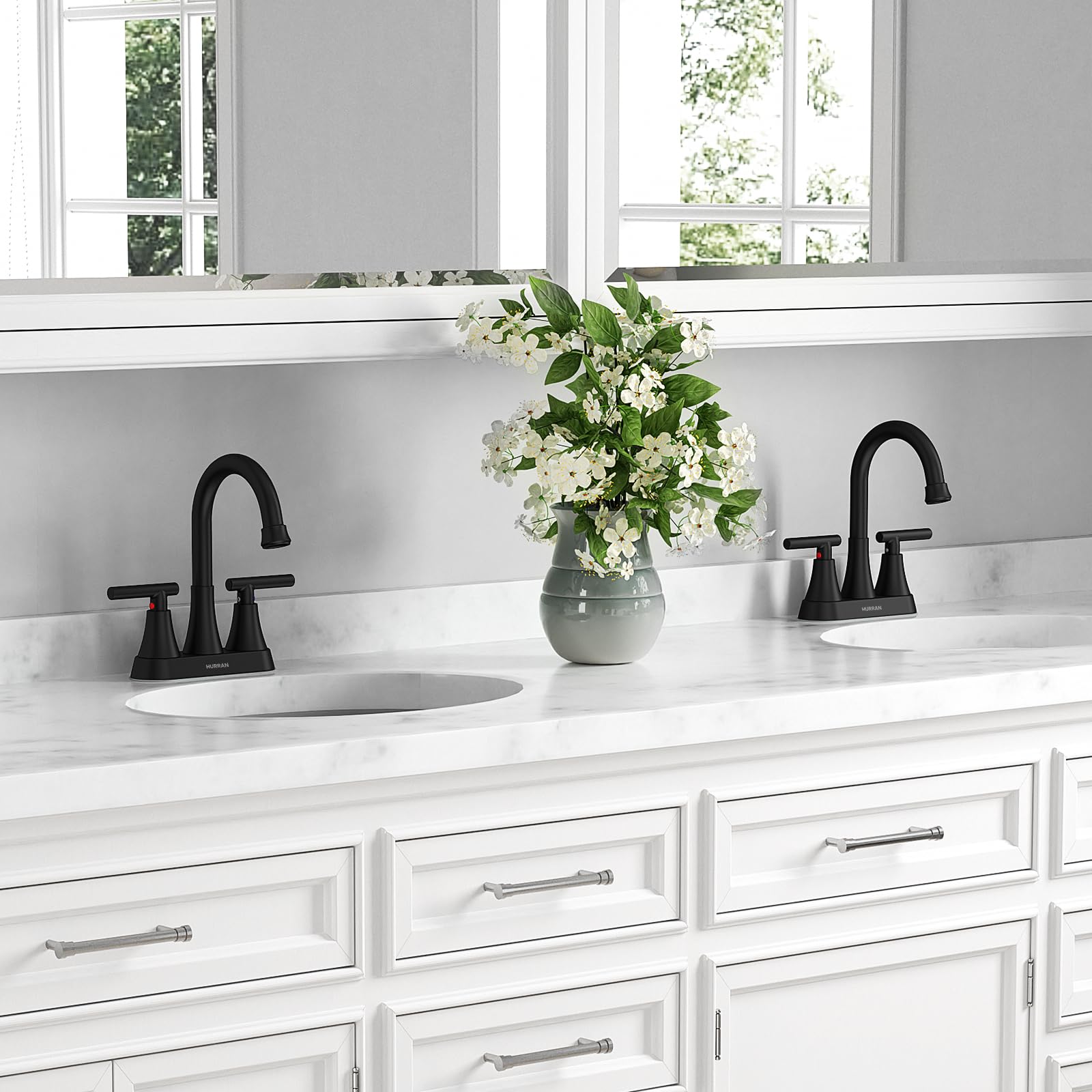 Bathroom Faucets for Sink 3 Hole, Hurran 4 inch Matte Black with Pop-up Drain and 2 Supply Hoses, Stainless Steel Lead-Free 2-Handle Centerset Faucet for Sink Vanity