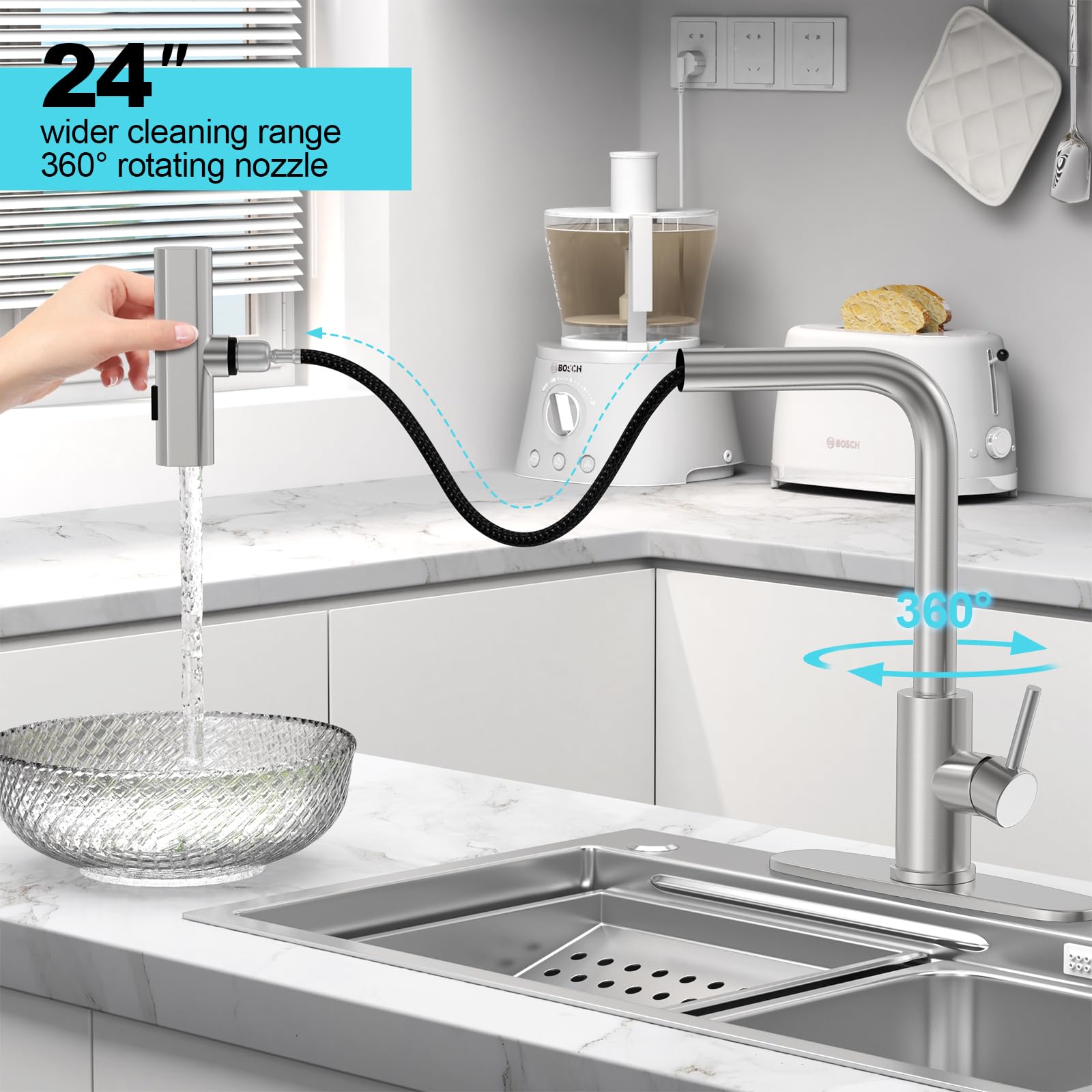AVSIILE Brushed Nickel Single Hole Kitchen Faucets with Pull Down Sprayer, Single Handle, High Flow Water, Pull Out Tap, Waterfall Stainless Steel Sink Faucet for Farmhouse Camper Laundry Rv Bar