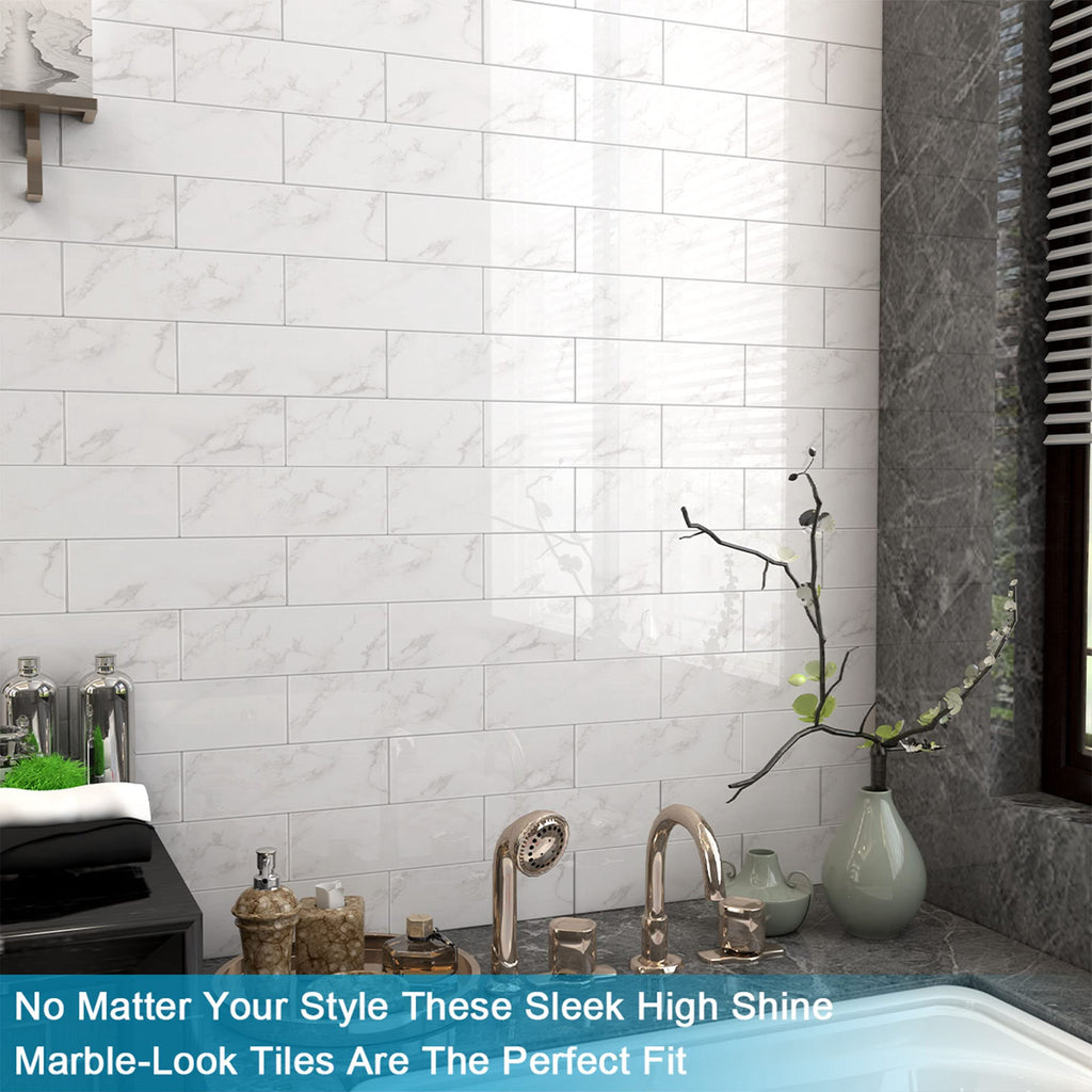 BeNice Peel and Stick Backsplash for Kitchen Tile,Peel and Stick Tiles for Walls Tile Stickers Waterproof Marble Tile Backsplash 3.85"x11.73"(16Tiles) Carrara White