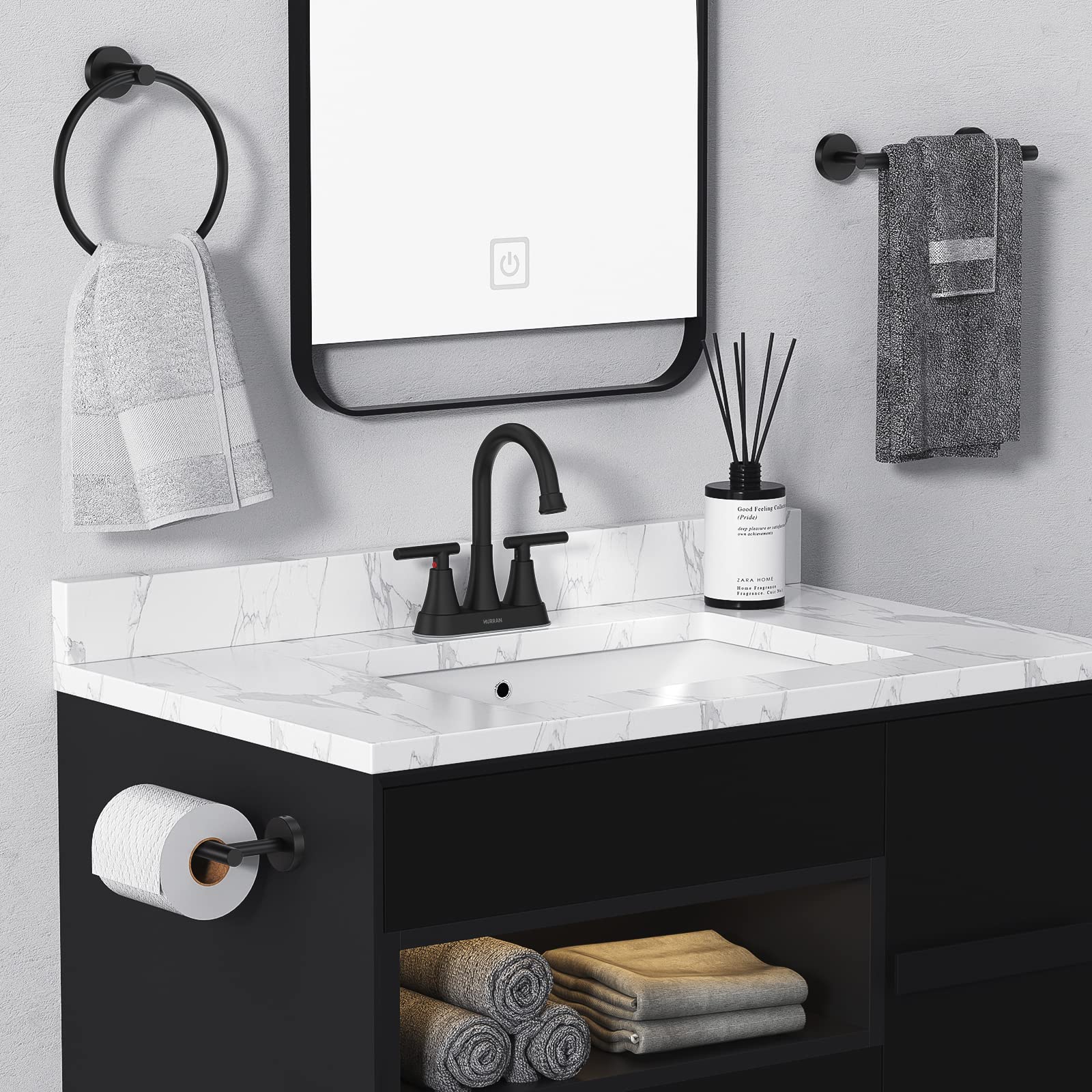 Bathroom Faucets for Sink 3 Hole, Hurran 4 inch Matte Black with Pop-up Drain and 2 Supply Hoses, Stainless Steel Lead-Free 2-Handle Centerset Faucet for Sink Vanity