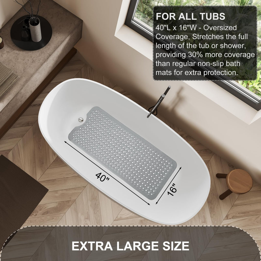 TEESHLY Bath Tub and Shower Mats, Non Slip 40 x 16 Inch Extra Large Bathtub Mat, Machine Washable Bathmat with Drain Holes, Suction Cups for Bathroom Floor, Gray