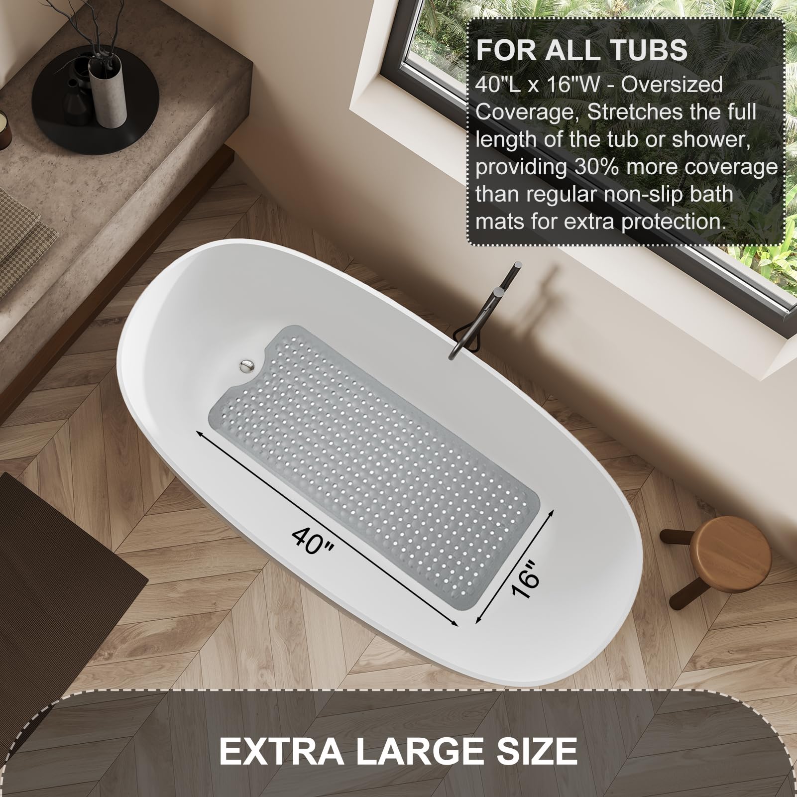 TEESHLY Bath Tub and Shower Mats, Non Slip 40 x 16 Inch Extra Large Bathtub Mat, Machine Washable Bathmat with Drain Holes, Suction Cups for Bathroom Floor, Gray