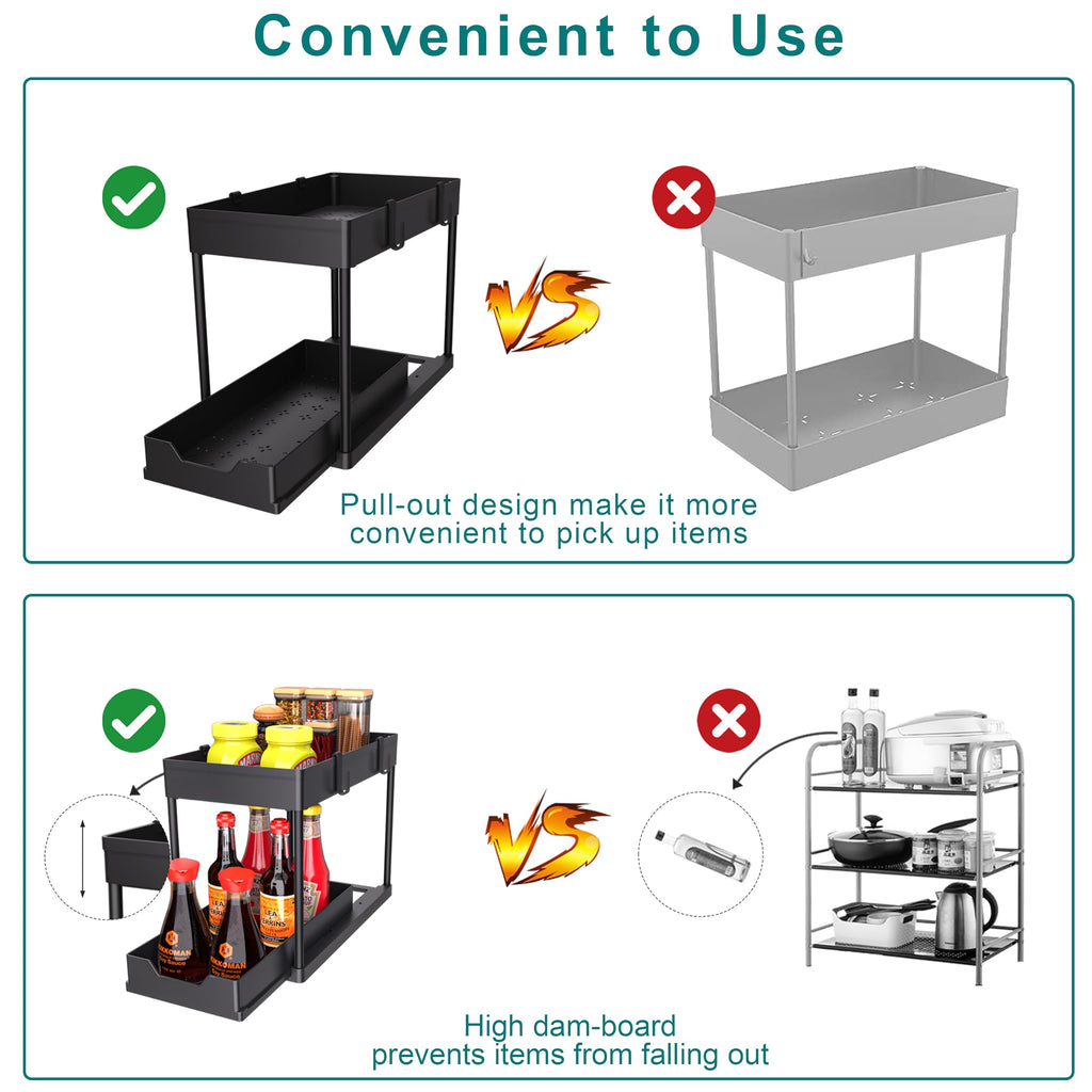 DEKAVA Under Sink Organizer 2 Pack, Bathroom Cabinet Organizer, 2 Tier Sliding Cabinet Basket Organizer Drawer, Multi-Purpose Bath Collection Baskets for Bathroom (Black)