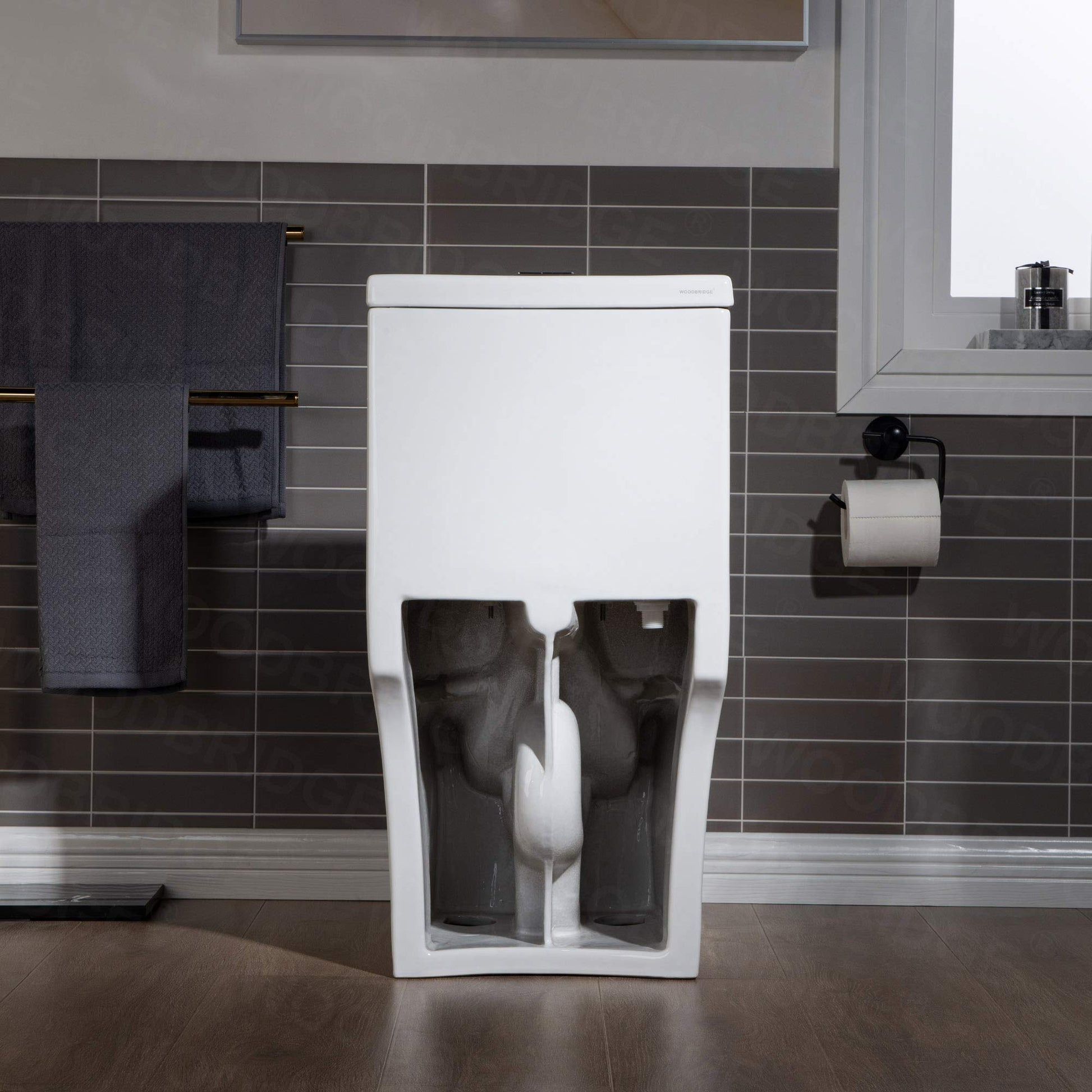 WOODBRIDGEE Modern Elongated One piece Toilet Dual flush 1.0/1.6 GPF,with Soft Closing Seat,1000 Gram MaP Flushing Score Toilet with Chrome Button,White,B0750-F-C